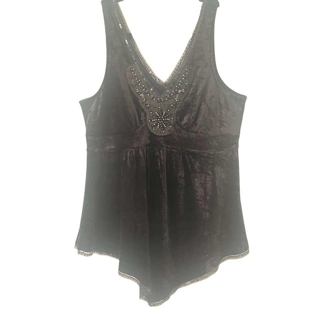 Y2K Express Sz M Babydoll Tank Top‎ Black Velvet V Hem Beaded Whimsigoth Sequin